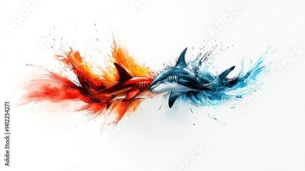 Fototapeta Abstract Sharks in Conflict, Vibrant Colors