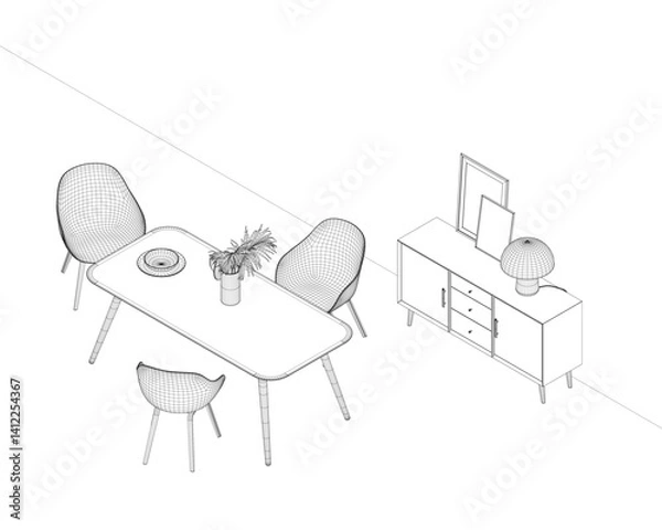 Obraz A room with a table and chairs, and a couch. The table is surrounded by three chairs. Isometric view