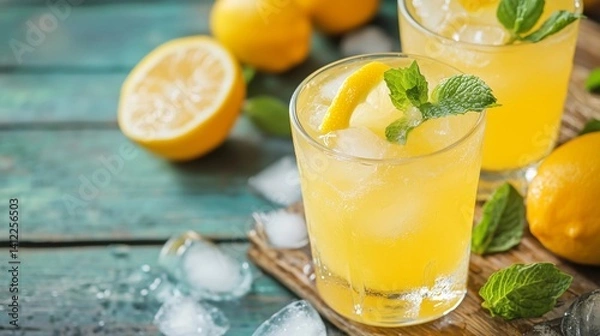 Fototapeta Two glasses of lemonade with ice cubes and a slice of lemon on top. The lemonade is yellow and the ice cubes are white