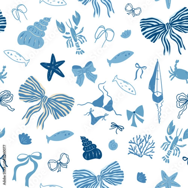 Fototapeta Blue coquette ocean bows seamless pattern. Vector sea elements, ribbons, fish, lobster, seashells, sailing boat, stars. Hand drawn whimsical repeat background, textile design, wallpaper fabric wrap