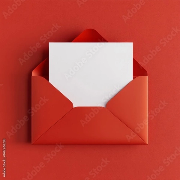 Fototapeta Red open envelope, blank white letter sticking out of envelope