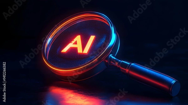 Fototapeta Illuminated Ai Concept Magnifying Glass with Neon Accents Against a Dark Background Represents Technological Advancement and Cyber Innovation