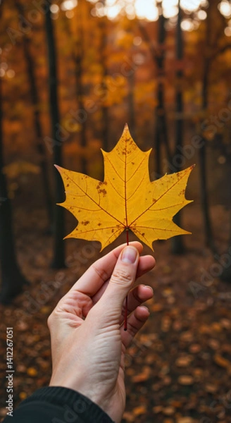 Obraz A woman's hand holding a large yellow maple leaf, with a picturesque forest in the background, with a high depth of field