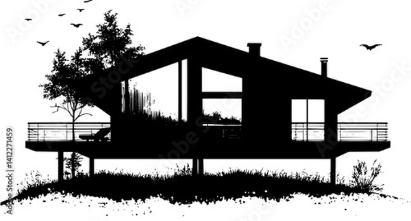 Fototapeta Silhouette of Mid-Century Modern style House design, Mid-Century Modern style House vector image
