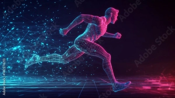 Fototapeta Human running man athlete with digital wireframe neon light background