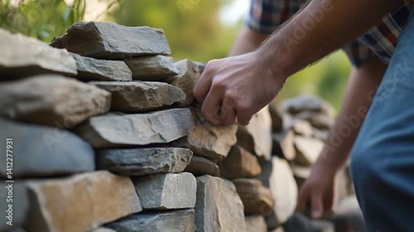 Fototapeta Mason placing stones in a decorative garden wall. Featuring stone masonry