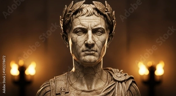 Fototapeta Aged Marble Bust of Julius Caesar with Laurel Wreath