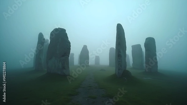 Obraz Megalithic Standing Stones of Callanish in Scotland Isle of Lewis shrouded in Fog and Mist