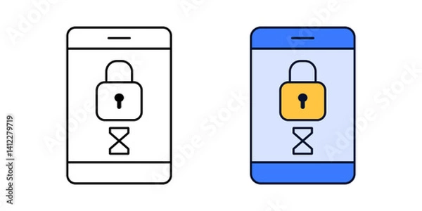 Fototapeta Locked screen with timer icon – smartphone with padlock and hourglass in colored and outline styles.