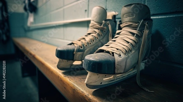 Fototapeta Old ice hockey skates are sitting on a wooden bench in a locker room, showing signs of wear and tear