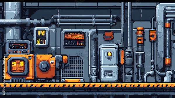 Fototapeta Industrial Interior Wall Featuring Pixel Art Style Machinery With Metal Piping And Orange Components In A Detailed Gray Tone Retro Setting