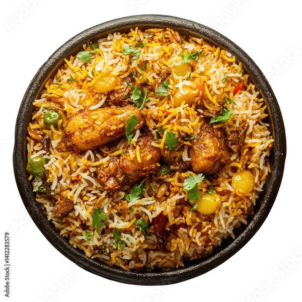 Fototapeta Overhead view of chicken biryani in a black bowl against a black background shot