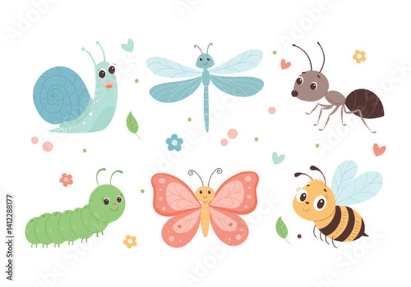 Fototapeta Cute cartoon set of insects: butterfly, bee, ant, snail, caterpillar, and dragonfly. Funny smiling bugs with flowers and leaves on white background. Perfect for kids and education.
