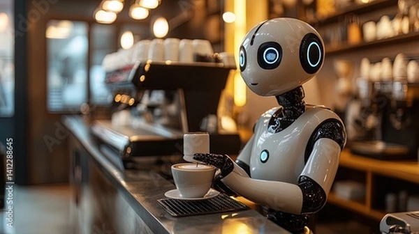 Fototapeta AI Barista: Robot Making Coffee in a Cafe