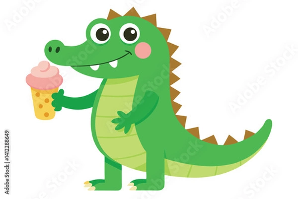 Fototapeta Alligator with Ice Cream on White Background, Cartoon Reptile Character