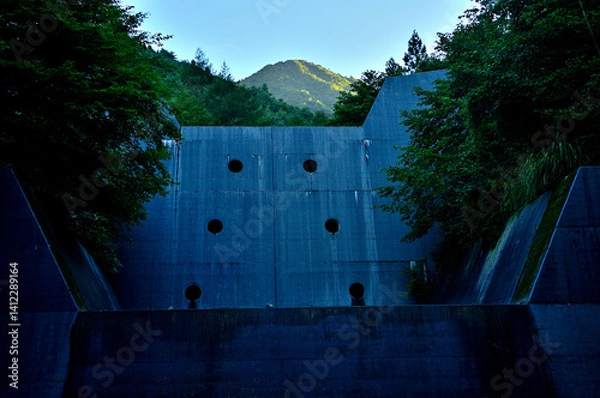 Obraz 御坂山地の雪頭ヶ岳　朝の東入川砂防堰堤
