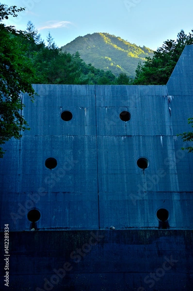Obraz 御坂山地の雪頭ヶ岳　朝の東入川砂防堰堤
