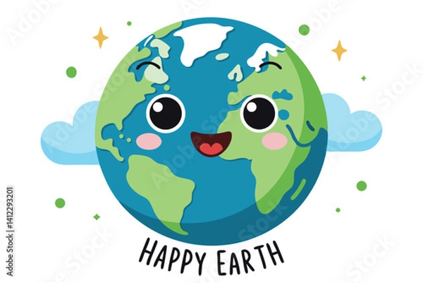 Fototapeta Cartoon Earth with Smiling Face, Clouds, Stars and Happy Earth Text Design