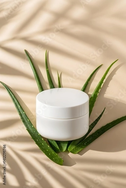 Obraz Minimalist Mockup of a Round Cosmetic Jar on a Beige Background With Green Aloe Leaves