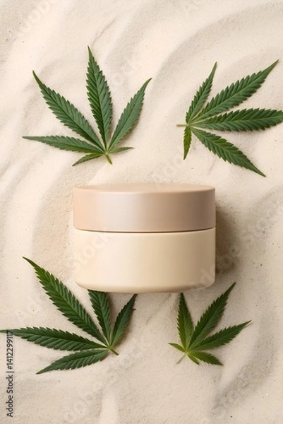 Obraz Minimalist Skincare Mockup Featuring Beige Round Jar Surrounded by Green Leaves on Sandy Background