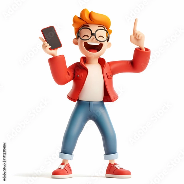 Fototapeta Joyful Cartoon Man Celebrates with Phone in Hand Wearing a Red Jacket Blue Jeans and Sneakers on White Background in a Cheerful 3D Render