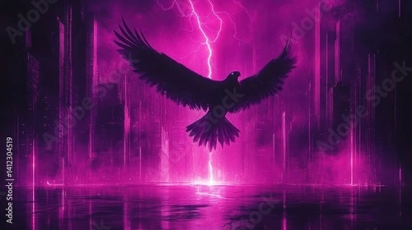 Obraz Powerful silhouette eagle soaring over a vibrant neon purple cityscape, illuminated by intense lightning