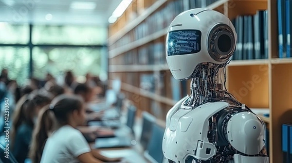Fototapeta AI Robot in a Library