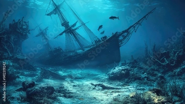 Obraz Blue underwater landscape with sunken ship, sharks, and seaweeds