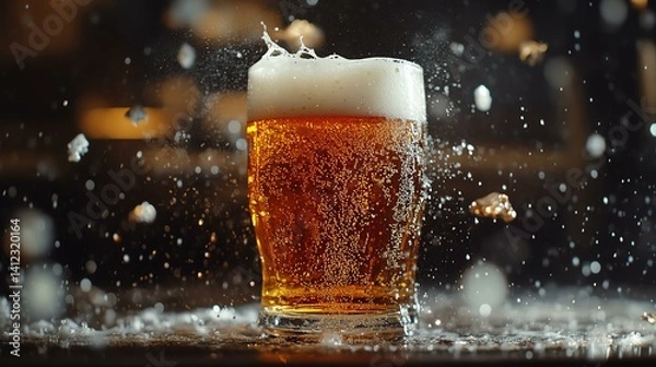 Fototapeta Refreshing beer with foam and bubbles splashing.