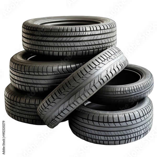 Obraz A stack of several black car tires piled on top of each other on a dark background