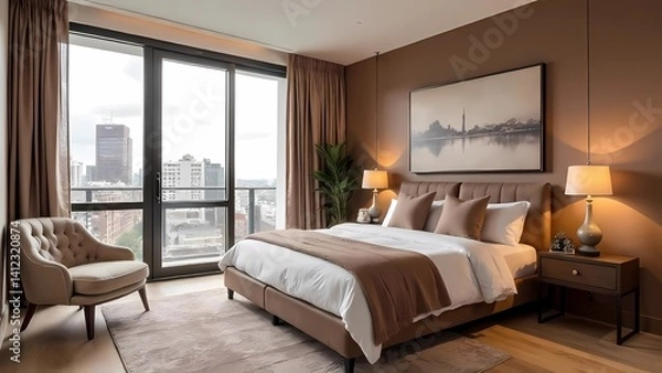 Fototapeta Modern interior design using Pantone 2025 Mocha Mousse color of the year. Soft pastels in calm tones. Elegant bedroom interior.
