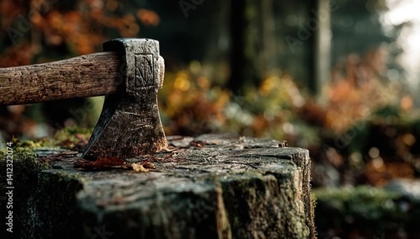 Obraz Axe Stuck in Tree Stump in Autumn Forest – Rustic Woodcutting Scene with Colorful Foliage and Natural Outdoor Setting