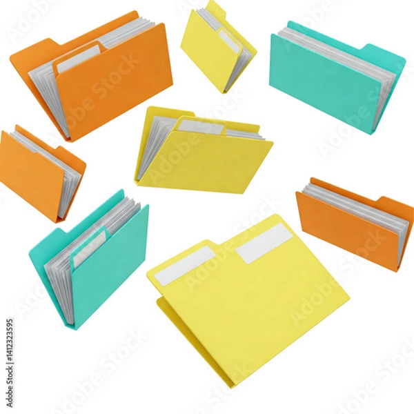 Fototapeta Floating set of labeled file folders, solid white background