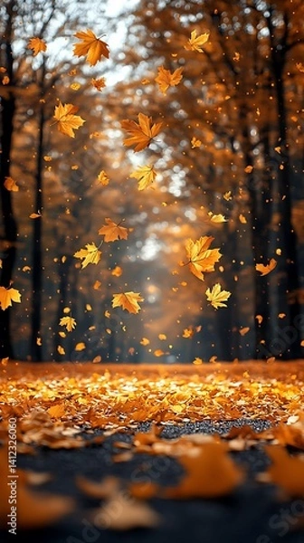 Obraz Autumn Forest Phone Wallpaper Falling Orange Leaves & Serene Path | Vertical 4K Mobile Background

