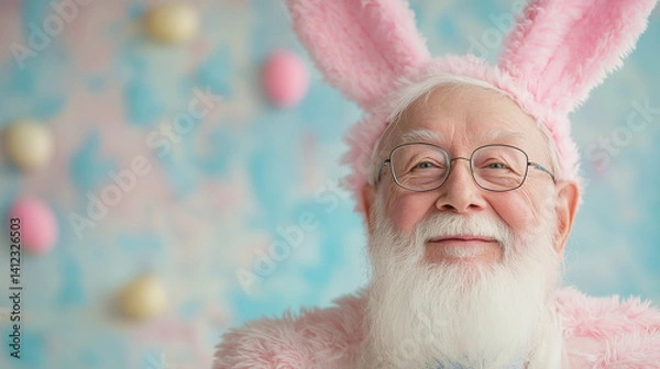 Obraz Portrait of funny positive elderly pensioner wear pink bunny costume and rabbit ears headband impressed staring isolated on blue color background with copy space for text.