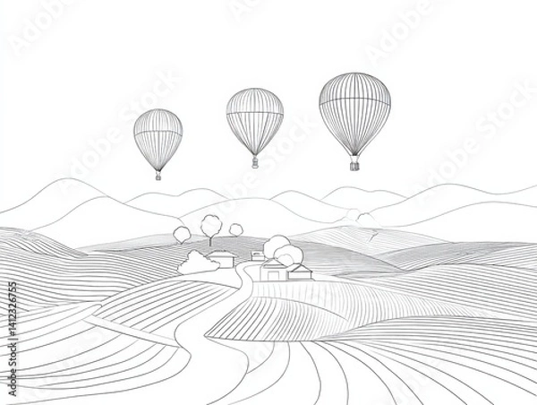 Fototapeta Charming Hot Air Balloons Over a Whimsical Landscape Filled with Cute Line Art Animals and Magical Elements for Kids to Enjoy