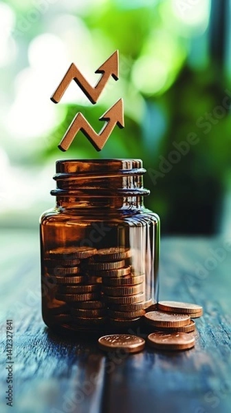 Obraz Saving for the future.  Coins in a jar with upward trend symbols