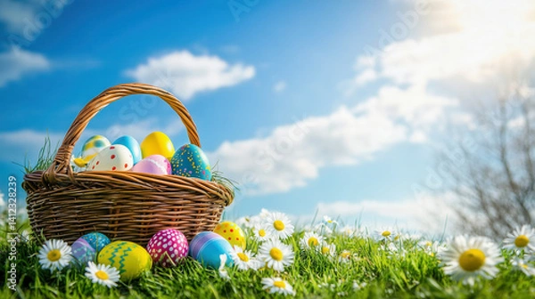 Obraz Colorful Easter eggs in a basket on spring grass with blooming daisies. Perfect for festive cards, seasonal decorations, egg hunts and holiday joy in nature.