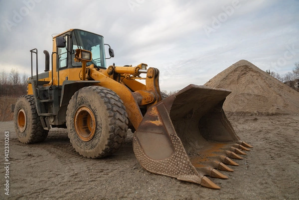 Obraz Heavy-Duty Yellow Loader with Large Shovel on Construction Site
