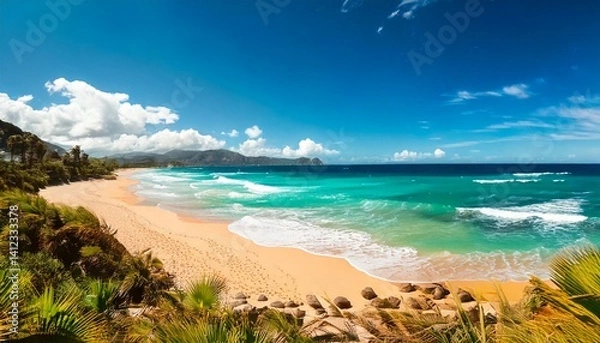 Fototapeta Beautiful tropical beach with palm trees, sunset beach seascape, design template for travel banner.	
