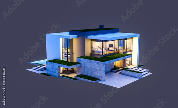 Fototapeta 3d rendering of flat roof house with parking and pool for sale or rent with concrete facade and beautiful landscaping on background. In night isolated on black