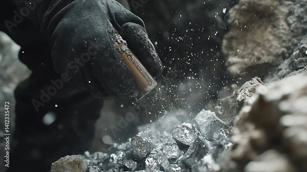 Fototapeta Miner using a dynamite charge to expose lithium deposits in a mine. Featuring blasting