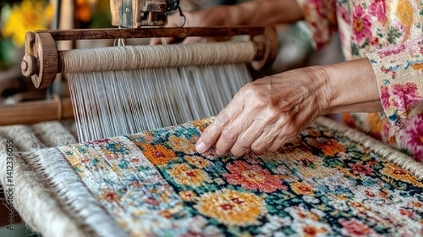 Obraz Skilled hands weaving intricate, colorful textile on a traditional loom