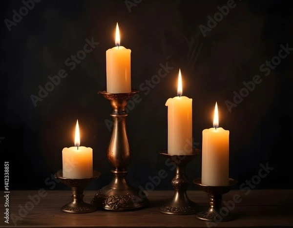 Fototapeta Burning candles oncandlestick against dark background at home. Vintage style. Calm romantic atmosphere. candles in the interior