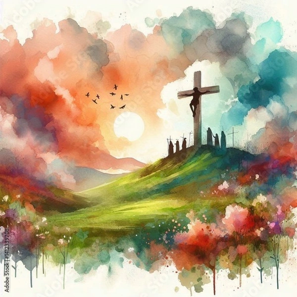 Obraz Watercolor Cross on a Hill at Sunset – Christian Hope and Resurrection Concept. AI generated illustration