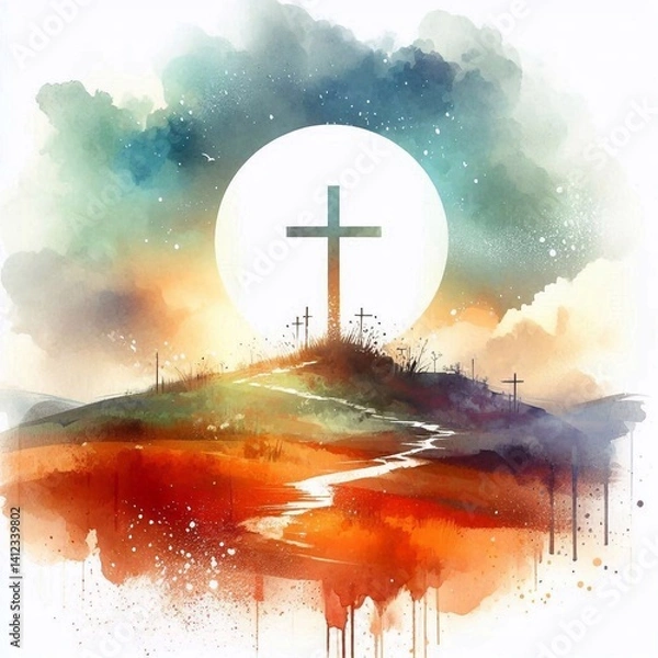Obraz Watercolor Cross on a Hill at Sunset – Christian Hope and Resurrection Concept. AI generated illustration