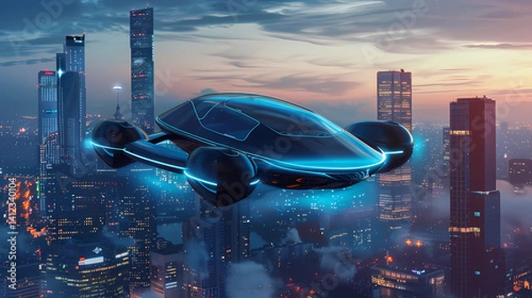 Obraz Futuristic air taxi flying above illuminated night cityscape, urban aerial mobility concept at dusk