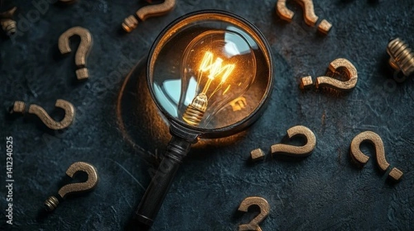 Fototapeta A glowing lightbulb magnified by a magnifying glass amidst numerous question marks.