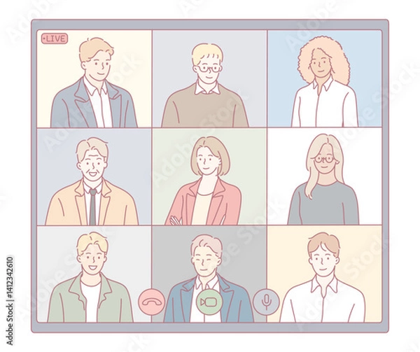 Fototapeta An engaging illustration showcases a virtual meeting, highlighting diverse individuals arranged in a grid format