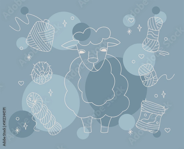 Fototapeta Set with cute sheep and skeins of yarn color. Outline illustration for your projects.